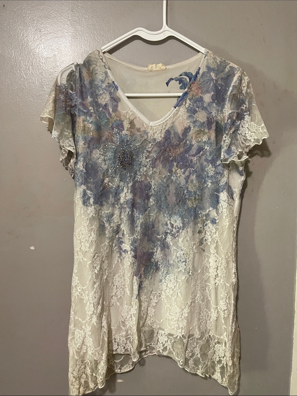 Brittany Black Cream Lace V-Neck Tunic with Blue & Lavender Floral